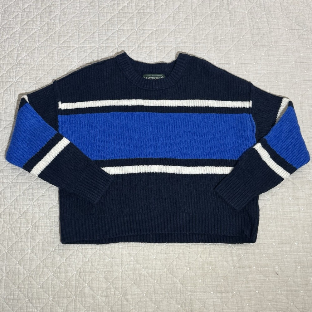American Eagle Women's XL Boxy Blue/White Striped Cropped Sweater Ski Lodge Cozy